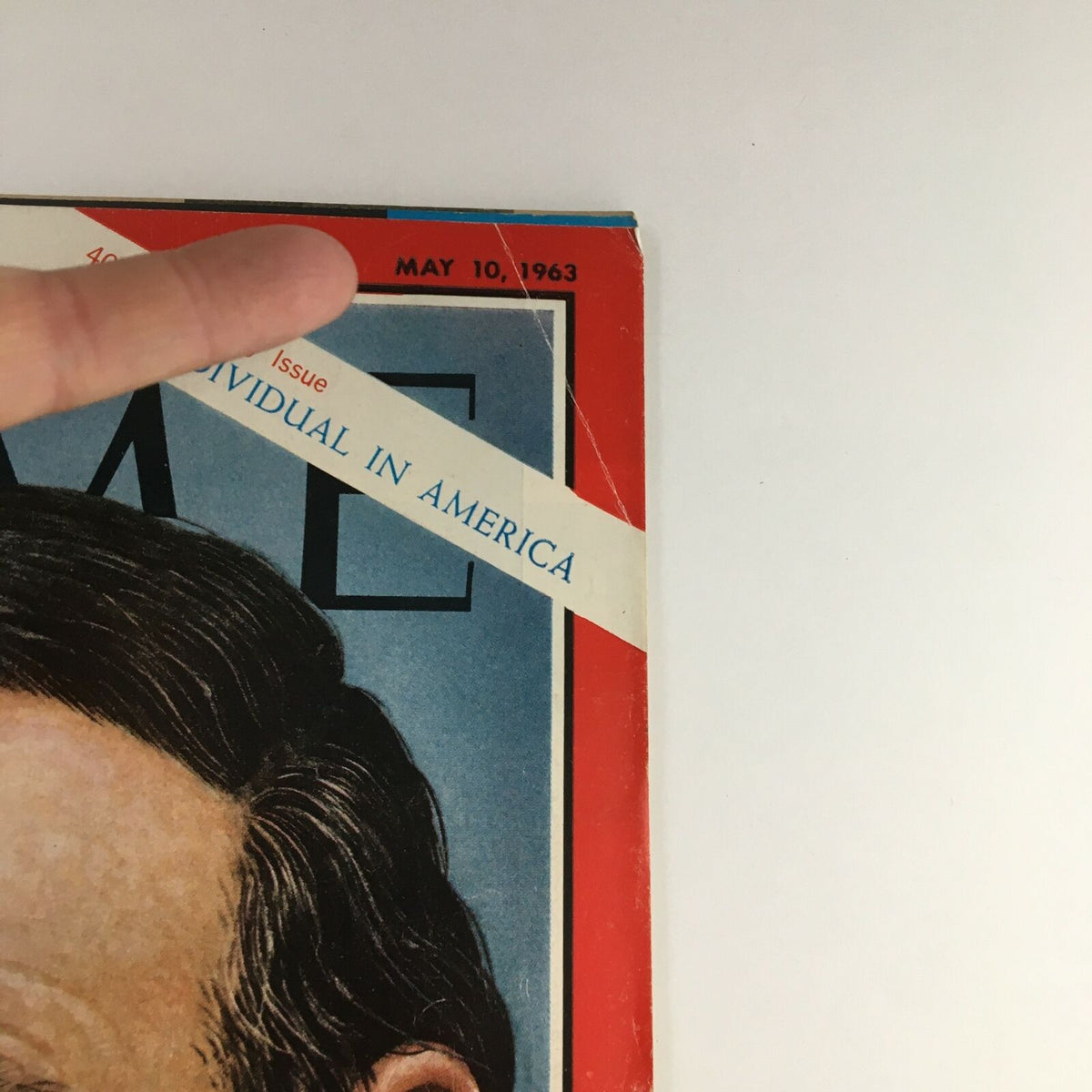 Close-up of the cover of Time Magazine May 10, 1963, highlighting the title 'The Individual in America' and a glimpse of Abraham Lincoln's portrait.