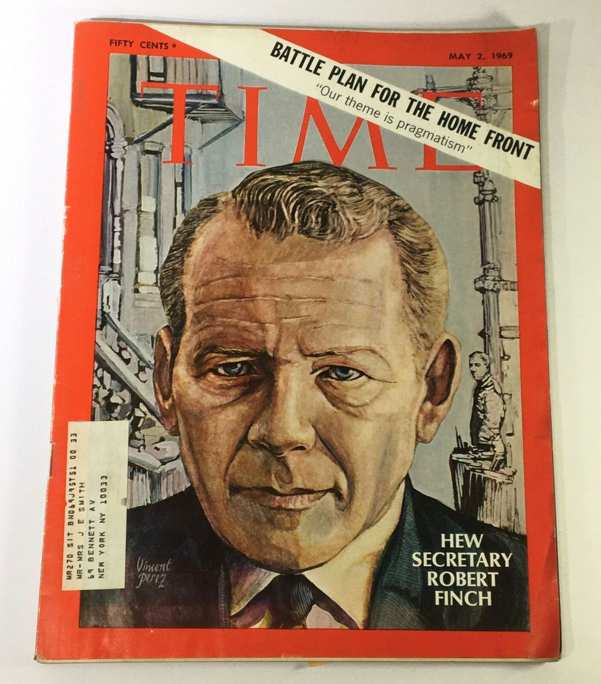 Vintage Time Magazine cover from May 2, 1969 featuring HEW Secretary Robert Finch with the headline 'Battle Plan for the Home Front' and a portrait illustration by Vincent Perez.