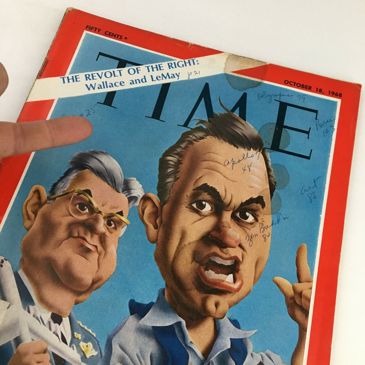 Cover of Time Magazine from October 18, 1968, featuring caricatures of political figures regarding the topic 'Wallace and LeMay: Revolt of Right'. The magazine shows minor wear and has handwritten notes on the cover.