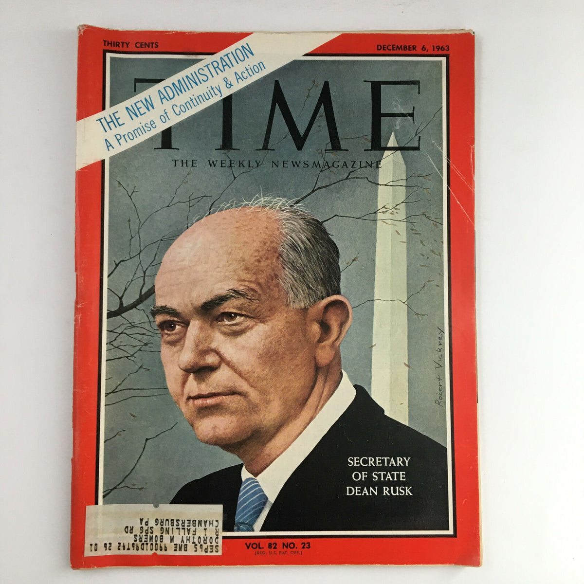 Cover of Time Magazine December 6 1963 featuring Secretary of State Dean Rusk, highlighting the new administration with a detailed portrait and significant historical context.