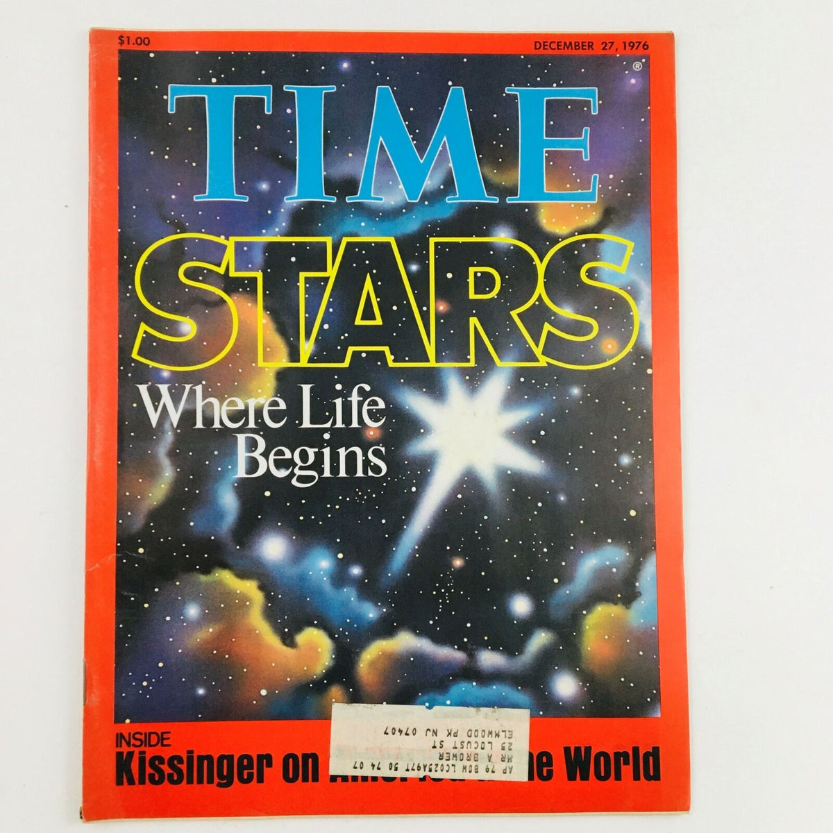 Vintage Time Magazine cover from December 27, 1976 featuring the title 'TIME: STARS Where Life Begins' with a backdrop of stars and space, including the text 'Inside Kissinger on America & the World'.