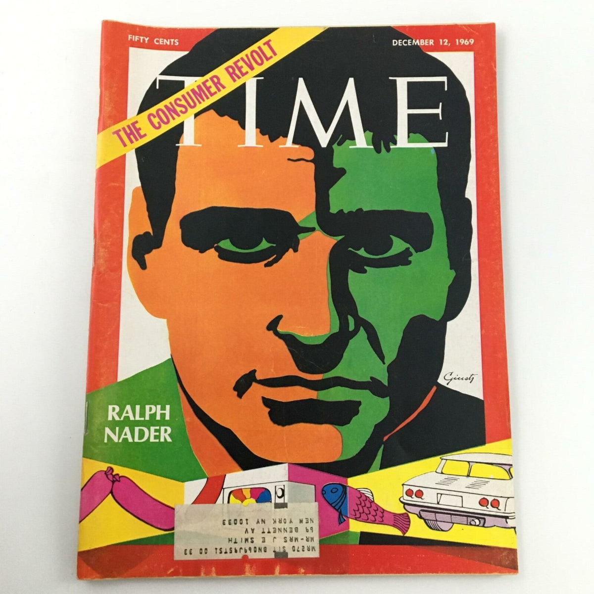 Vintage Time Magazine cover from December 12, 1969 featuring Ralph Nader, highlighting 'The Consumer Revolt'. The cover showcases bold colors and artistic design, symbolizing consumer rights advocacy.
