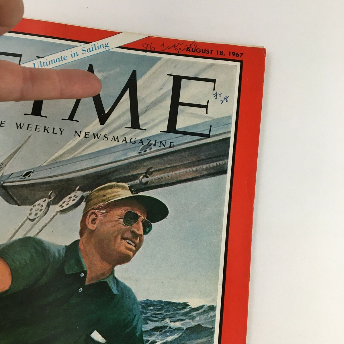 Cover of Time Magazine from August 18, 1967, featuring an illustration of a man sailing with a yacht. The title 'Time' is prominent, showcasing the magazine's vintage charm and historical significance. This edition highlights the Skipper Bus and Emil Mosbacher.