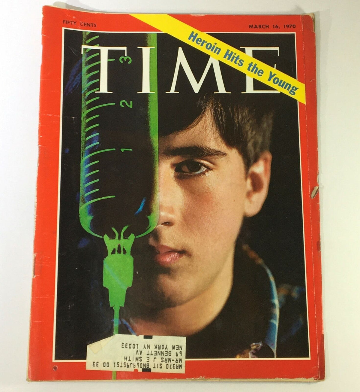 Vintage Time Magazine cover from March 16, 1970, titled 'Heroin Hits the Young,' featuring a close-up of a young boy and a graphic syringe image.