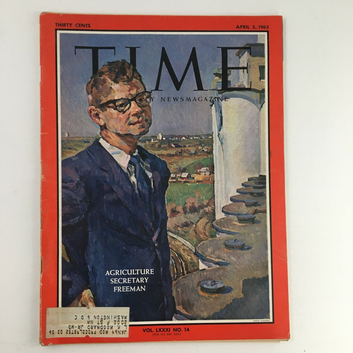 Cover of Time Magazine dated April 5, 1963, featuring Agriculture Secretary Orville Freeman, showcasing the political landscape and agricultural policies from that era. Volume 81, No. 14.