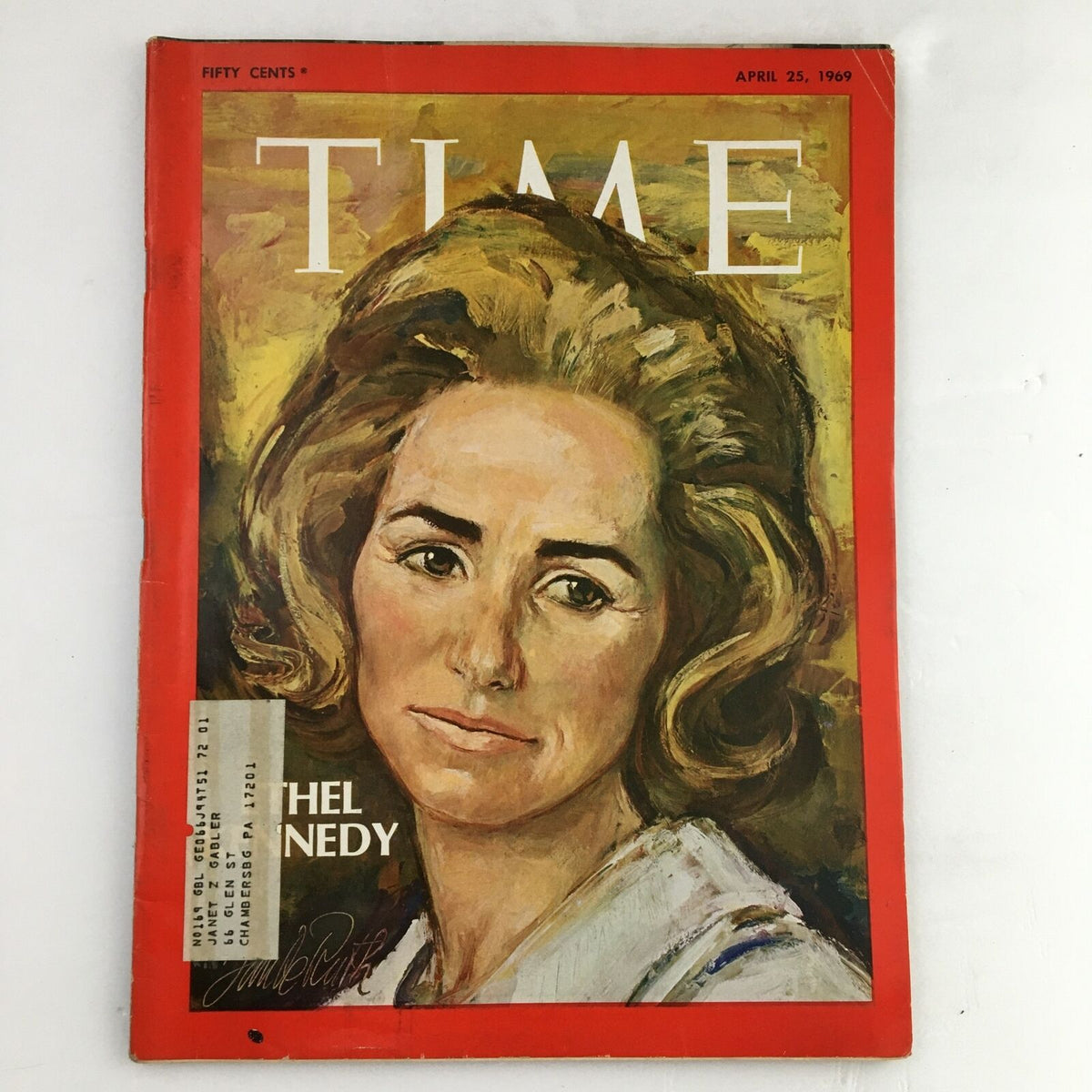 Time Magazine April 25 1969 Cover featuring Ethel Kennedy, highlighting her resilience and advocacy with a painted portrait and vibrant red background.