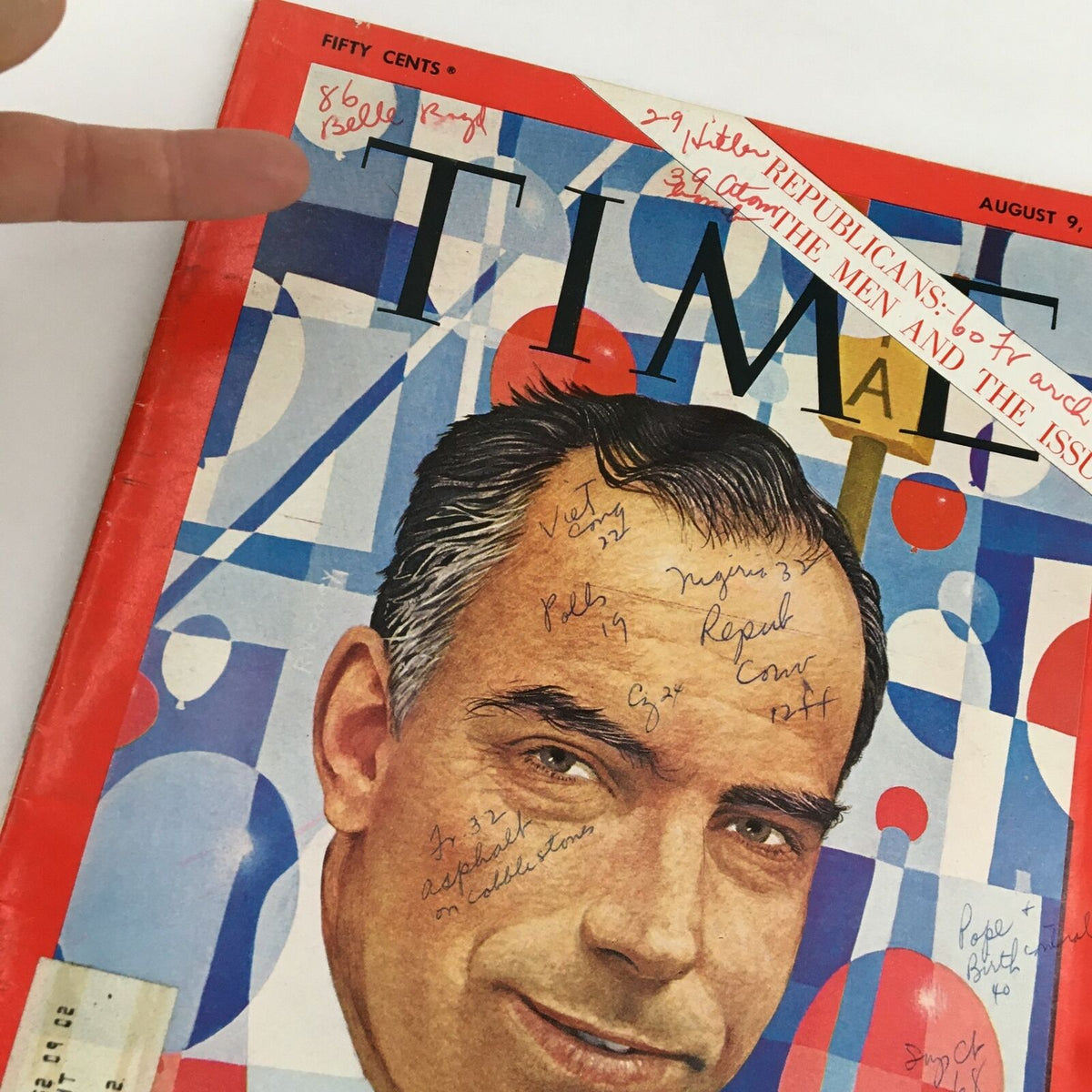 Cover of Time Magazine August 9 1968 Vol. 92 No. 6 featuring the Keynoter Dan Evans, with handwritten notes visible on the cover.