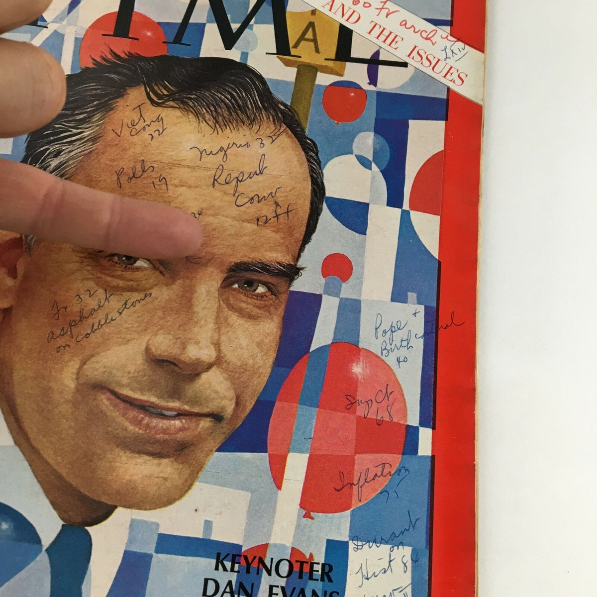 Detailed view of the Time Magazine cover from August 9 1968 Vol. 92 No. 6, showcasing Keynoter Dan Evans and handwritten annotations.