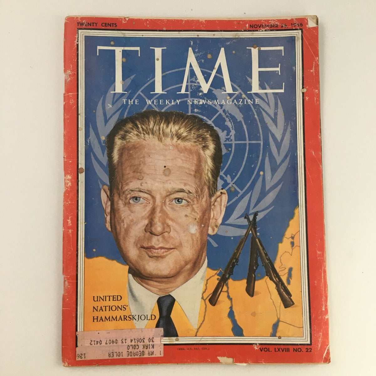 Time Magazine November 26 1956 cover featuring Dag Hammarskjöld with the United Nations emblem in the background, showcasing a vintage design.