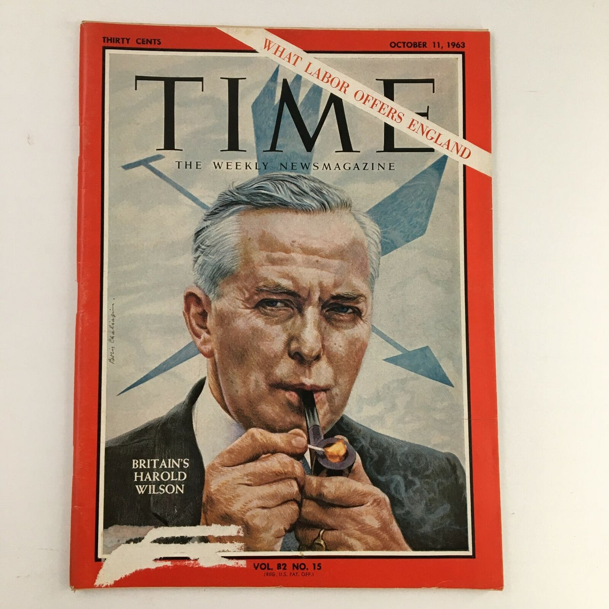 Cover of Time Magazine dated October 11, 1963, featuring Britain's Prime Minister Harold Wilson, Volume 82, Number 15, highlighting political themes and historical significance.