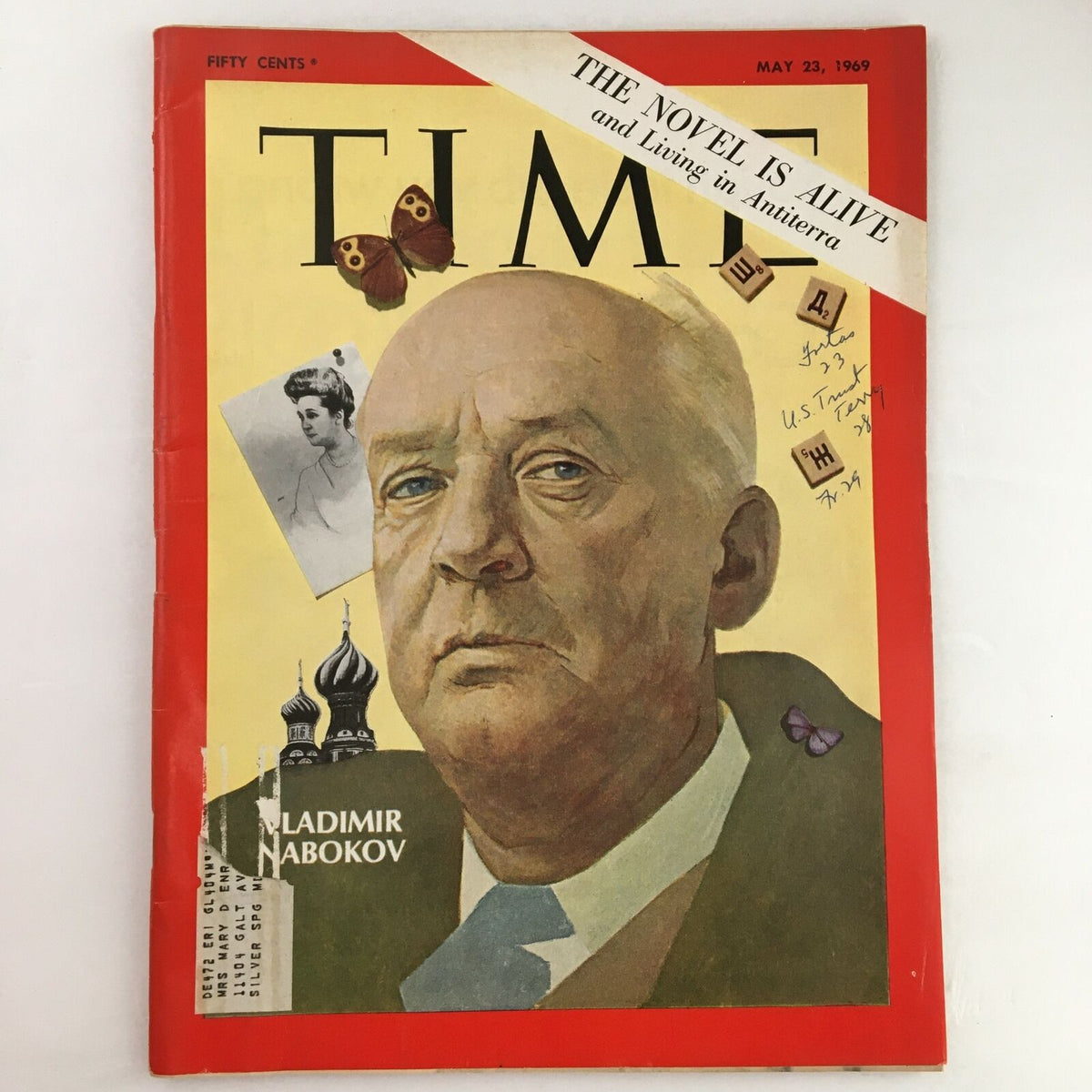 May 23, 1969 cover of Time Magazine featuring novelist Vladimir Nabokov, showcasing a portrait of Nabokov with the headline 'THE NOVEL IS ALIVE and Living in Antiterrra'.