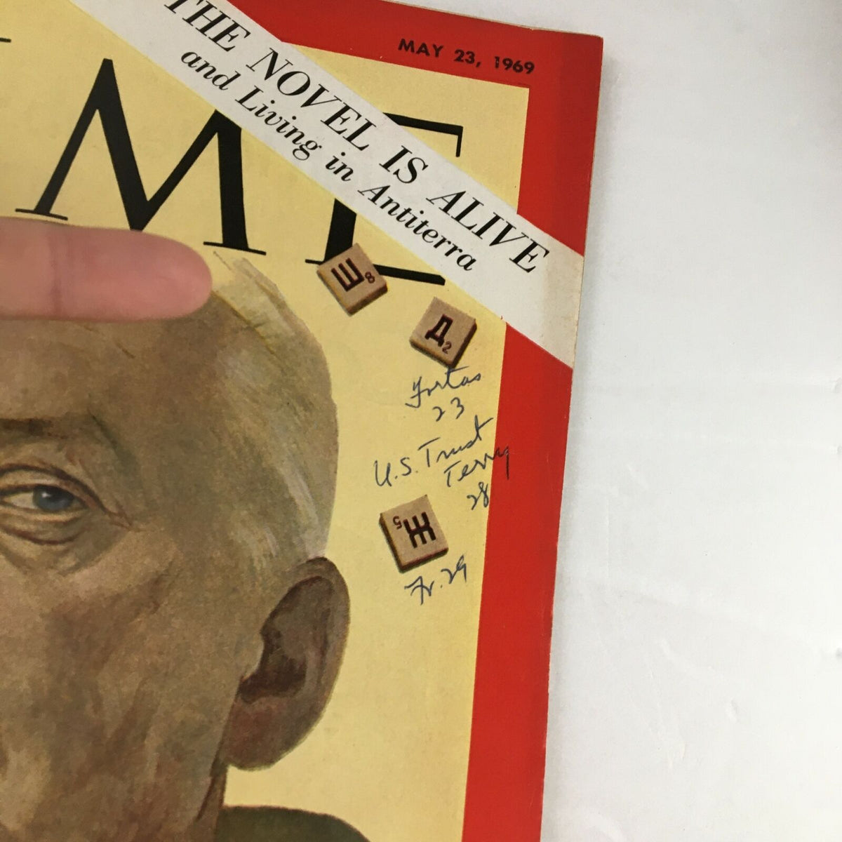 Close-up of the May 23, 1969 Time Magazine cover featuring Vladimir Nabokov, highlighting handwritten notes and details around his portrait.