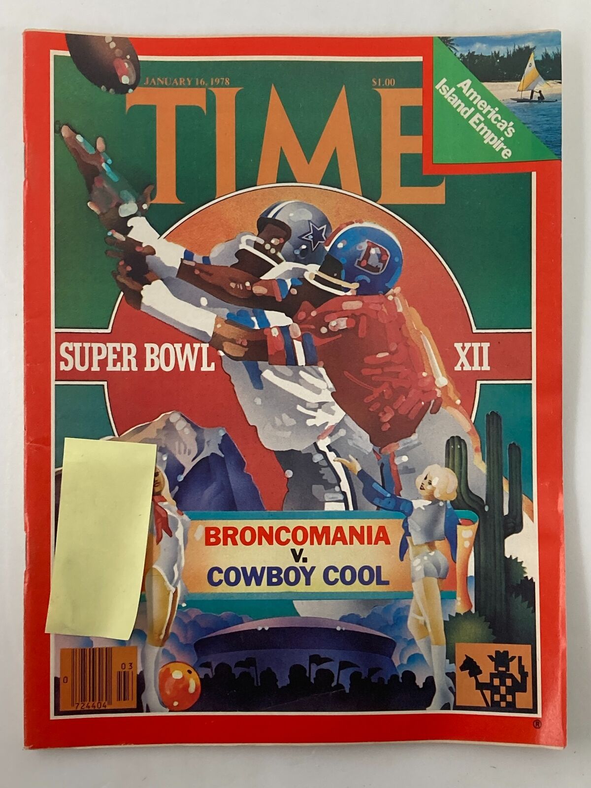 Vintage Time Magazine cover from January 16, 1978, featuring the title 'Broncomania v. Cowboy Cool' highlighting Super Bowl XII, with colorful illustrations of football players and a stylized background.