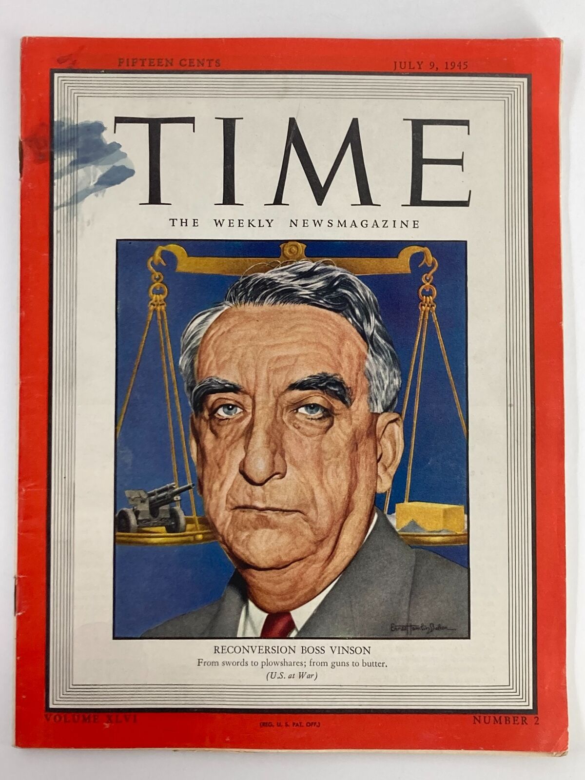 VTG Time Magazine July 9 1945 Cover featuring Reconversion Boss Vinson, showcasing an illustration of Vinson with scales symbolizing economic transition from war to peace.