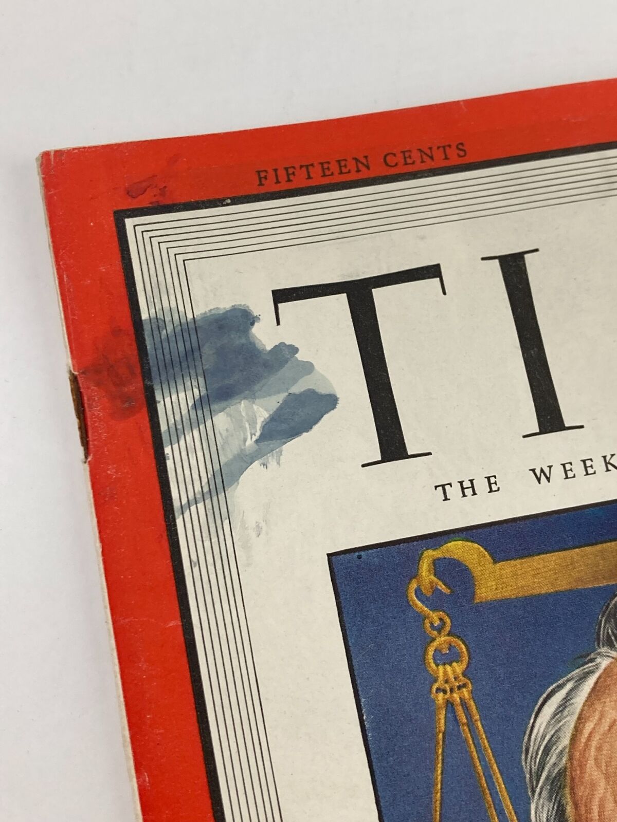 Close-up of VTG Time Magazine July 9 1945 Cover, illustrating details of the magazine's title and the artwork of Reconversion Boss Vinson, highlighting minor wear and vintage character.