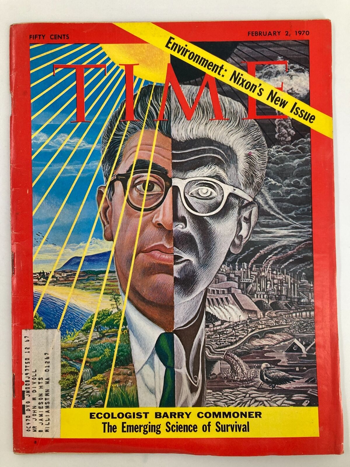 Cover of Time Magazine from February 2, 1970, featuring ecologist Barry Commoner and the article 'The Emerging Science of Survival.' The cover showcases an illustration split between a vibrant ecological landscape and a dark industrial scene.