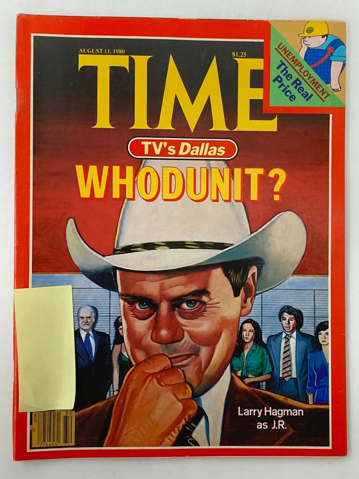 Cover of VTG Time Magazine from August 11, 1980, featuring Larry Hagman as J.R. from TV's Dallas, with the title 'Whodunit?' and highlighting themes of the show's drama.