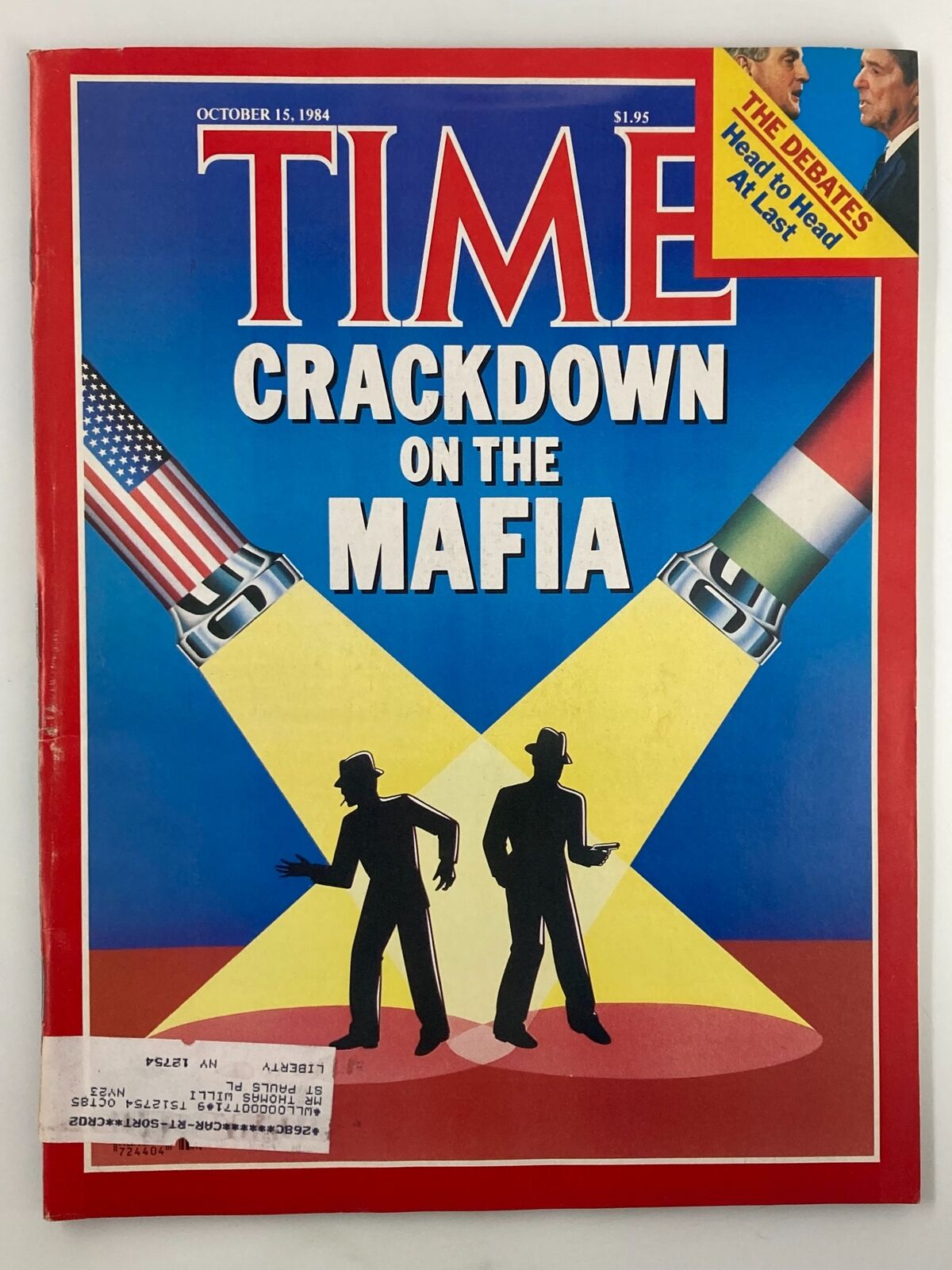 VTG Time Magazine October 15 1984 featuring 'Crackdown on the Mafia' cover, showcasing silhouettes of two men under spotlight with flags, highlighting key events in organized crime and political debates.
