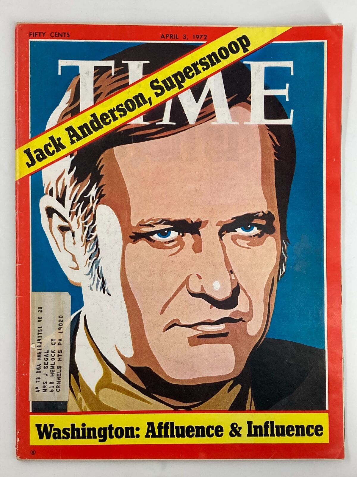 VTG Time Magazine April 3 1972 cover featuring Jack Anderson with the headline 'Washington: Affluence & Influence.' This vintage issue showcases notable artwork and provides insightful political commentary from the early 1970s.