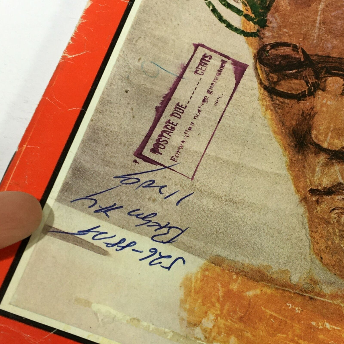 Close-up of the cover of June 2, 1967 Time Magazine featuring Robert Lowell, highlighting the address label, handwritten notes, and the artwork related to 'Poetry in an Age of Prose'.