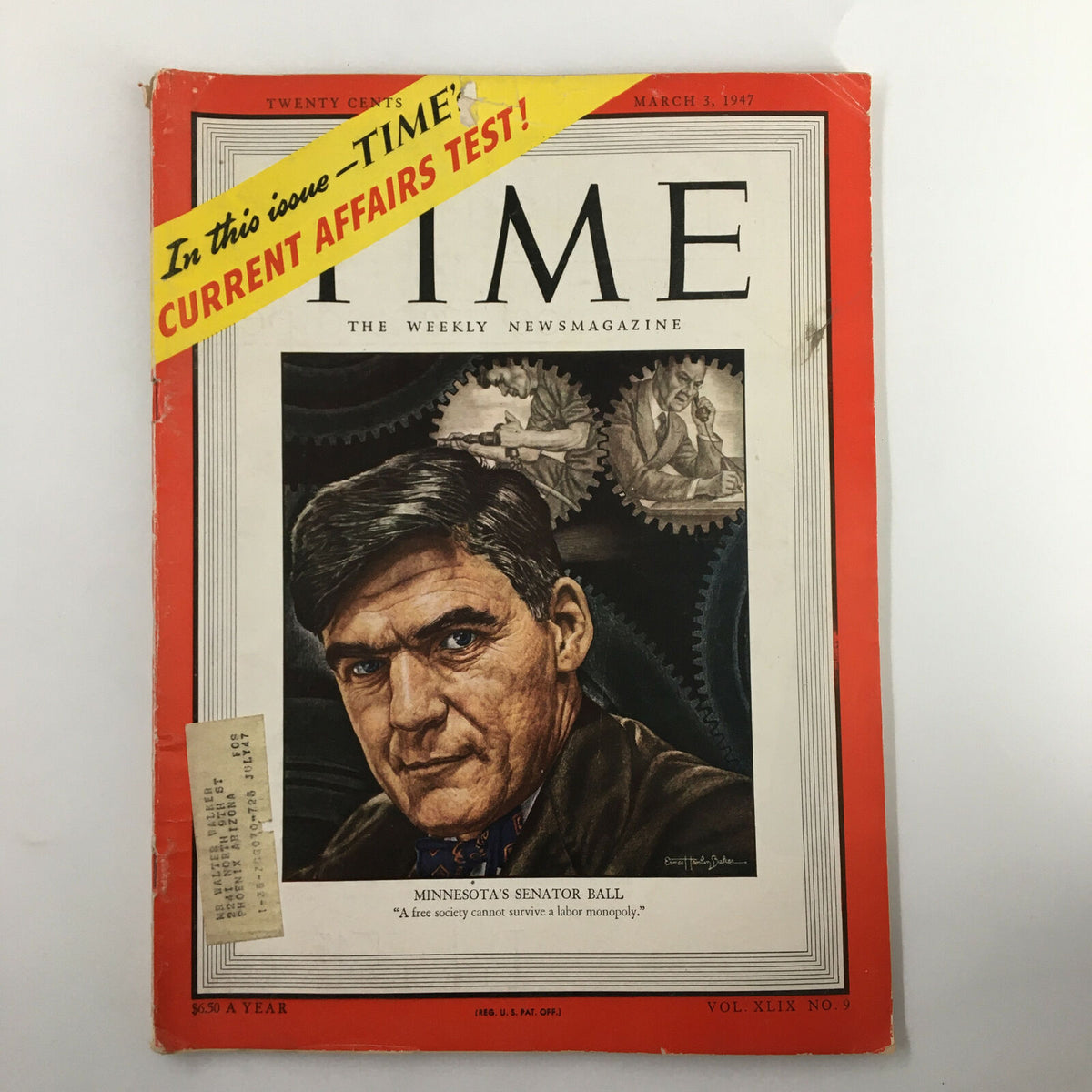 Vintage Time Magazine March 3 1947 Vol. 49 No. 9 Minnesota's Senator Ball