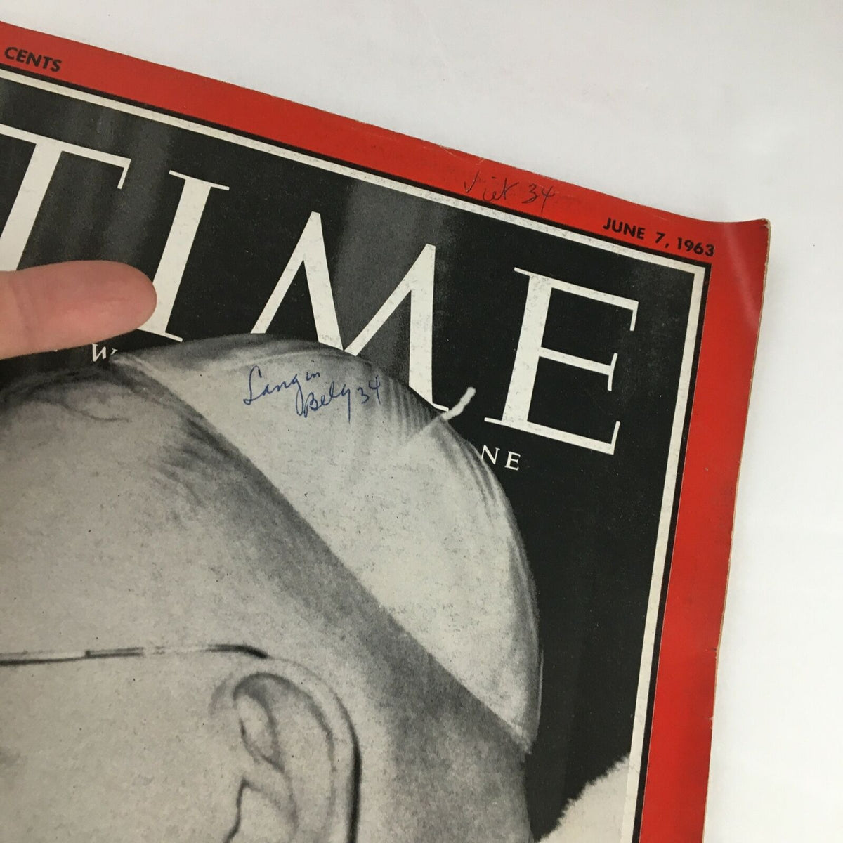 Close-up of Time Magazine June 7, 1963, Vol. 81 No. 23 cover featuring Pope John XXIII, with handwritten notes visible on the cover, emphasizing its collectible nature.