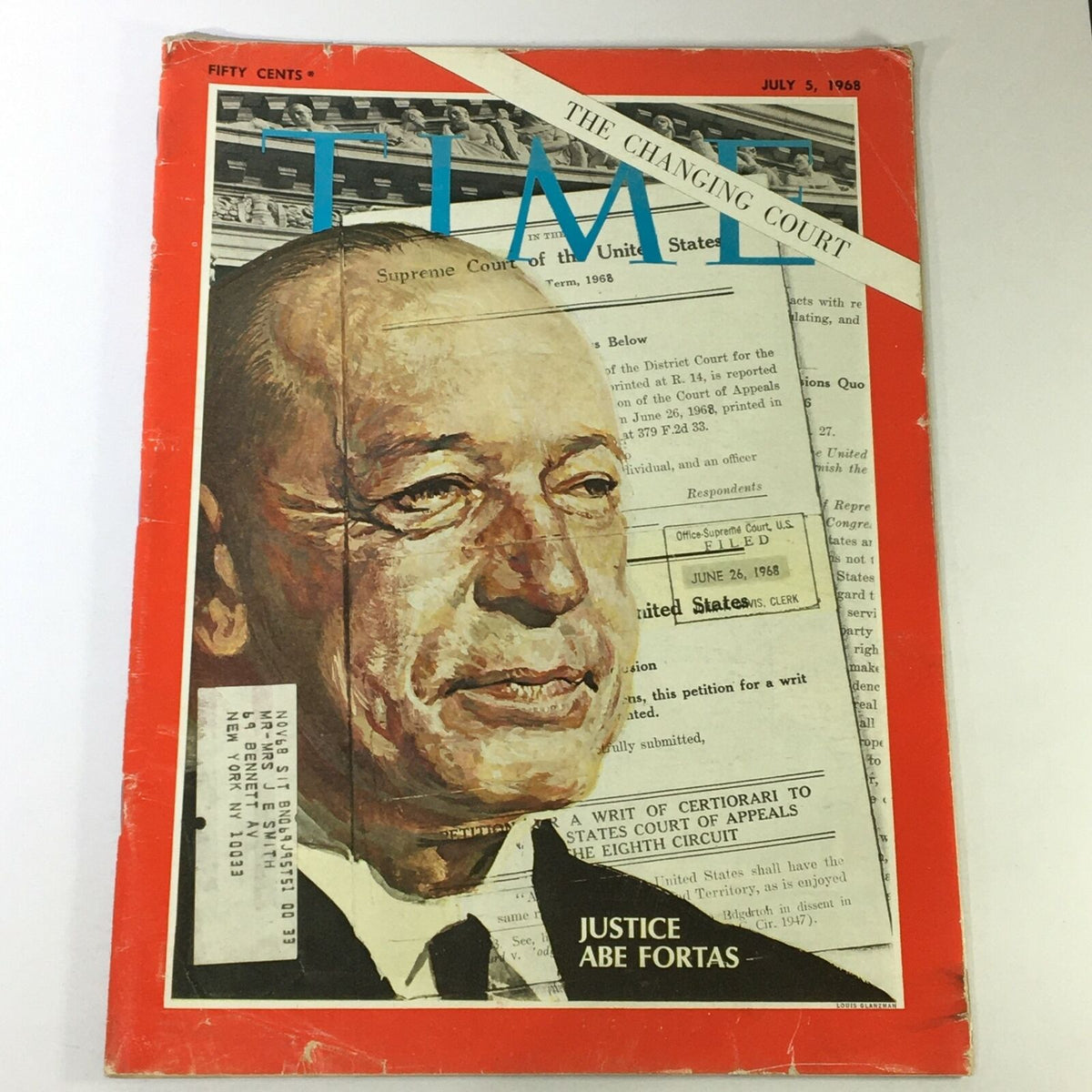 Vintage Time Magazine from July 5, 1968, showcasing Justice Abe Fortas with the title 'The Changing Court' on the cover, featuring a portrait and newspaper clippings.