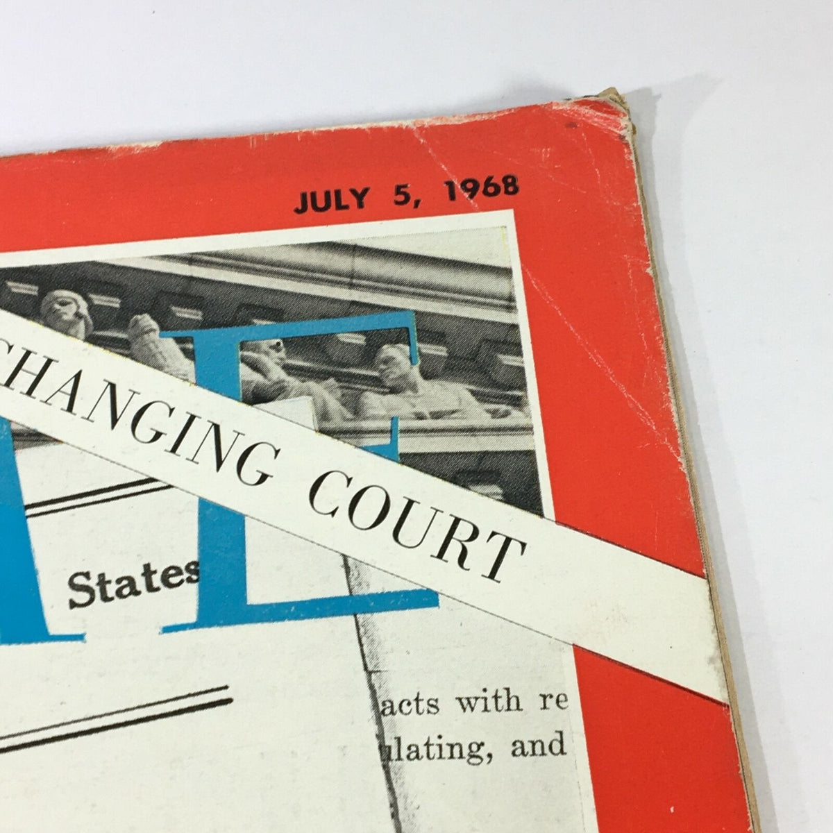 Close-up view of the vintage Time Magazine cover from July 5, 1968, highlighting the title 'The Changing Court' and the publication date.