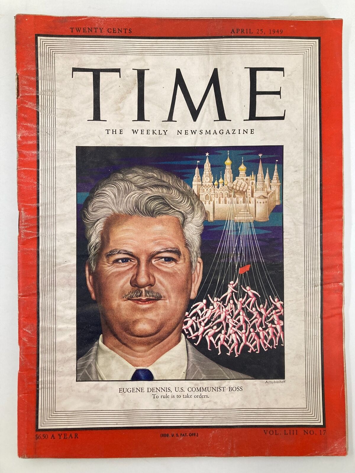 Vintage Time Magazine cover from April 25, 1949, featuring Eugene Dennis, U.S. Communist Boss, showcasing a striking illustration and historical context.