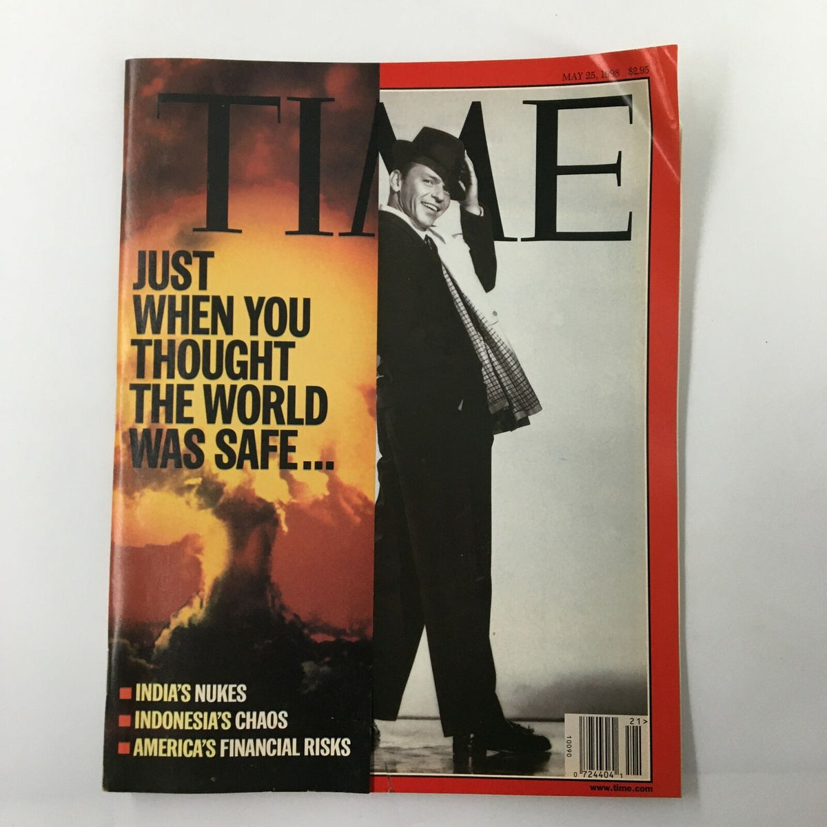 Time Magazine May 25 1998 cover featuring Frank Sinatra, with a dramatic backdrop and headline, highlighting Indonesia's chaos and global financial risks.