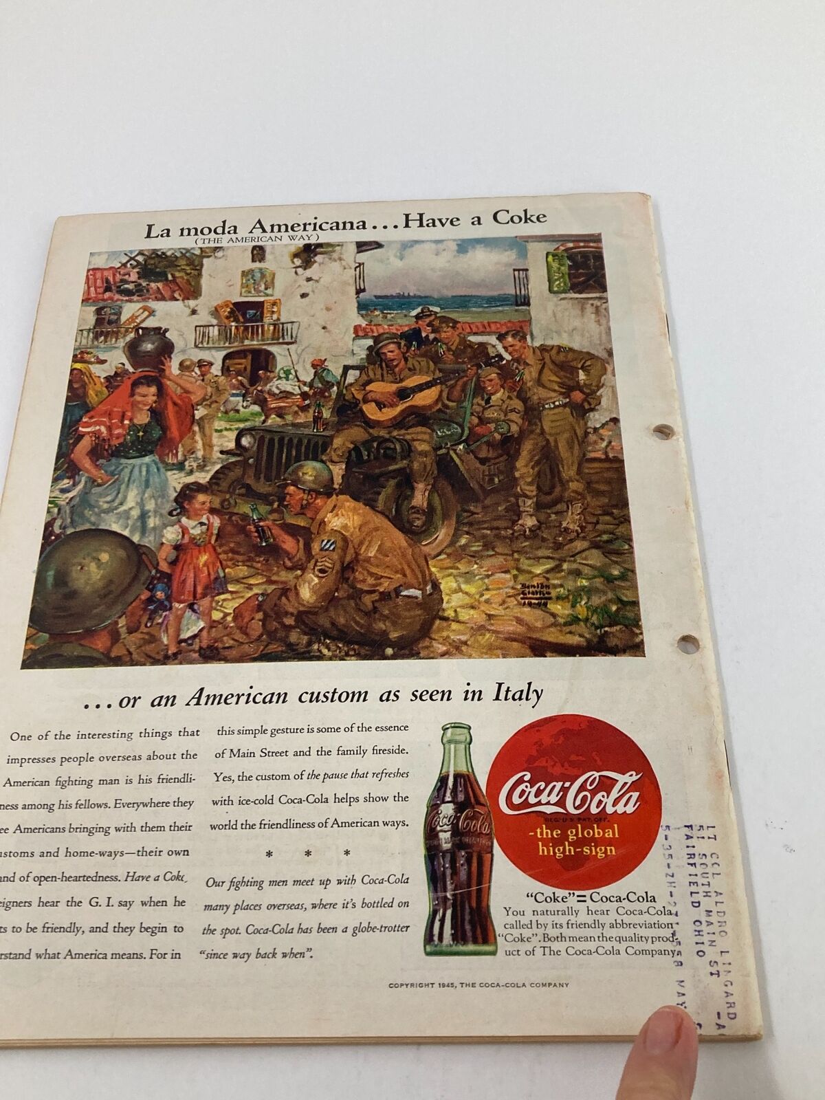 Back cover of the Vintage Time Magazine March 12, 1945, displaying a Coca-Cola advertisement within a historical context of American customs.