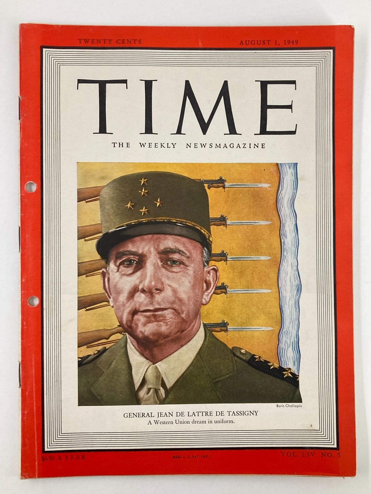 Vintage Time Magazine August 1 1949 General Jean De Lattre De Tassigny Cover showcasing the iconic illustration and historical significance.