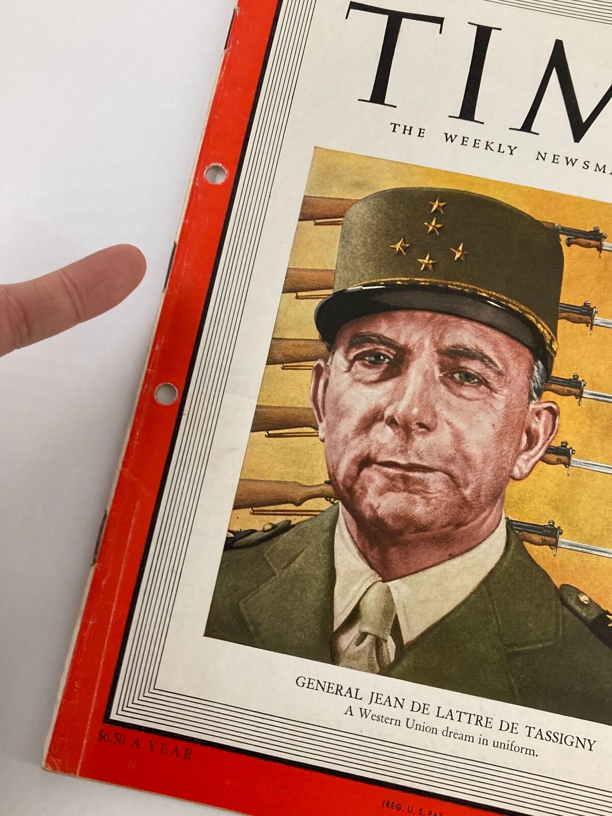 Close-up view of the Vintage Time Magazine August 1 1949 featuring General Jean De Lattre De Tassigny, highlighting the cover design and hole punch detail.