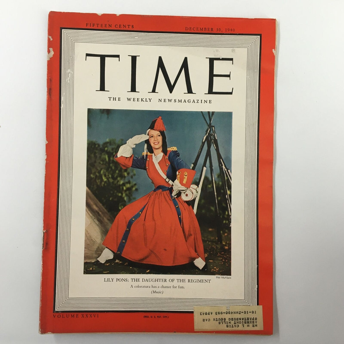 Cover of VTG Time Magazine dated December 30, 1940, featuring Lily Pons in costume from 'The Daughter of the Regiment'. The magazine displays a vibrant red and white color scheme, showcasing the iconic image of the opera singer.