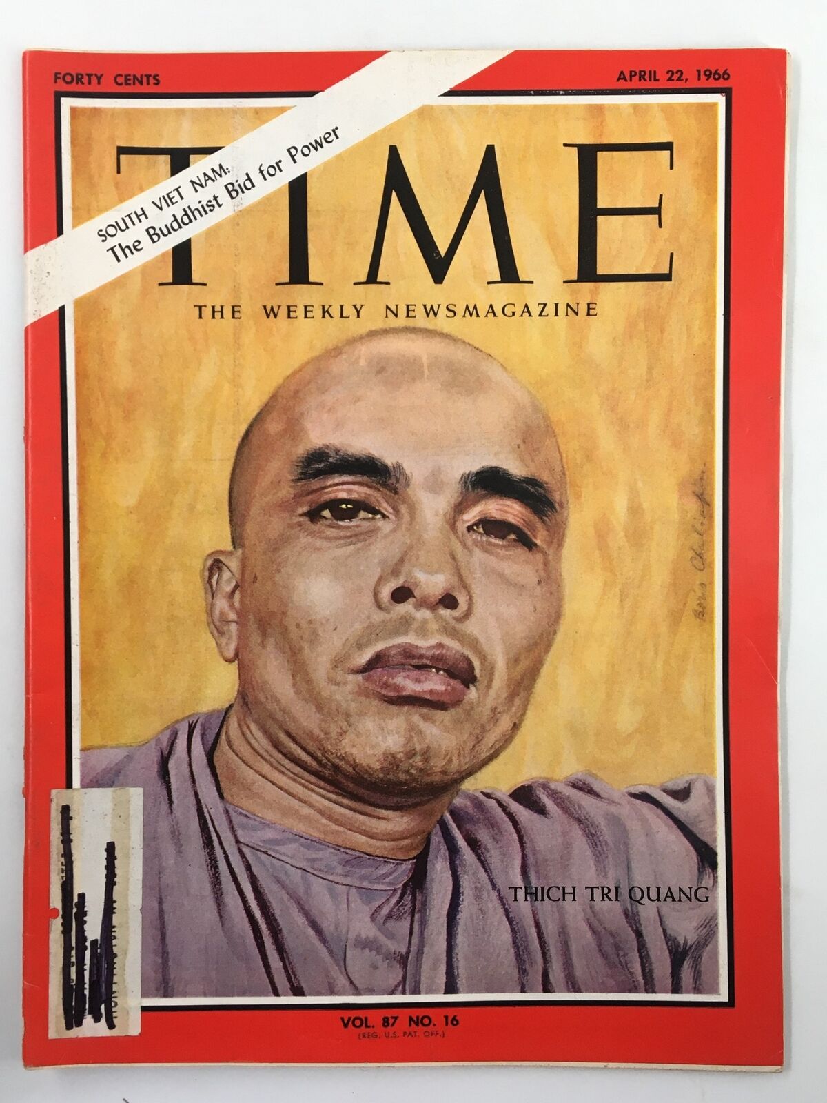 Cover of VTG Time Magazine April 22 1966, Volume 87 #16 featuring Thich Tri Quang, highlighting the Buddhist leader's influence in South Vietnam during a significant historical period.