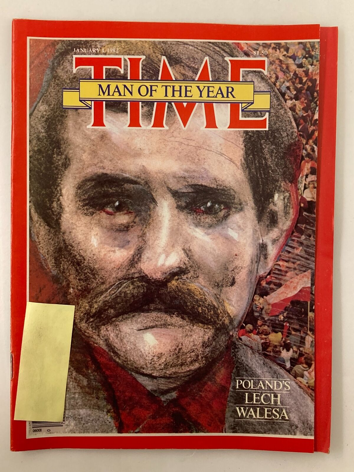 Cover of Time Magazine, January 4, 1982, featuring Poland's Lech Walesa as 'Man of the Year'. The illustration depicts Walesa with a distinctive mustache, set against a backdrop of a crowd, emphasizing his role as a leader in Poland's Solidarity movement.