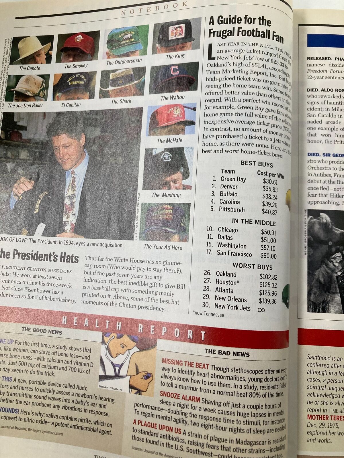 Inside page of Time Magazine September 15 1997 showing various hats with a focus on the President's hats, highlighting interesting details about presidential fashion.