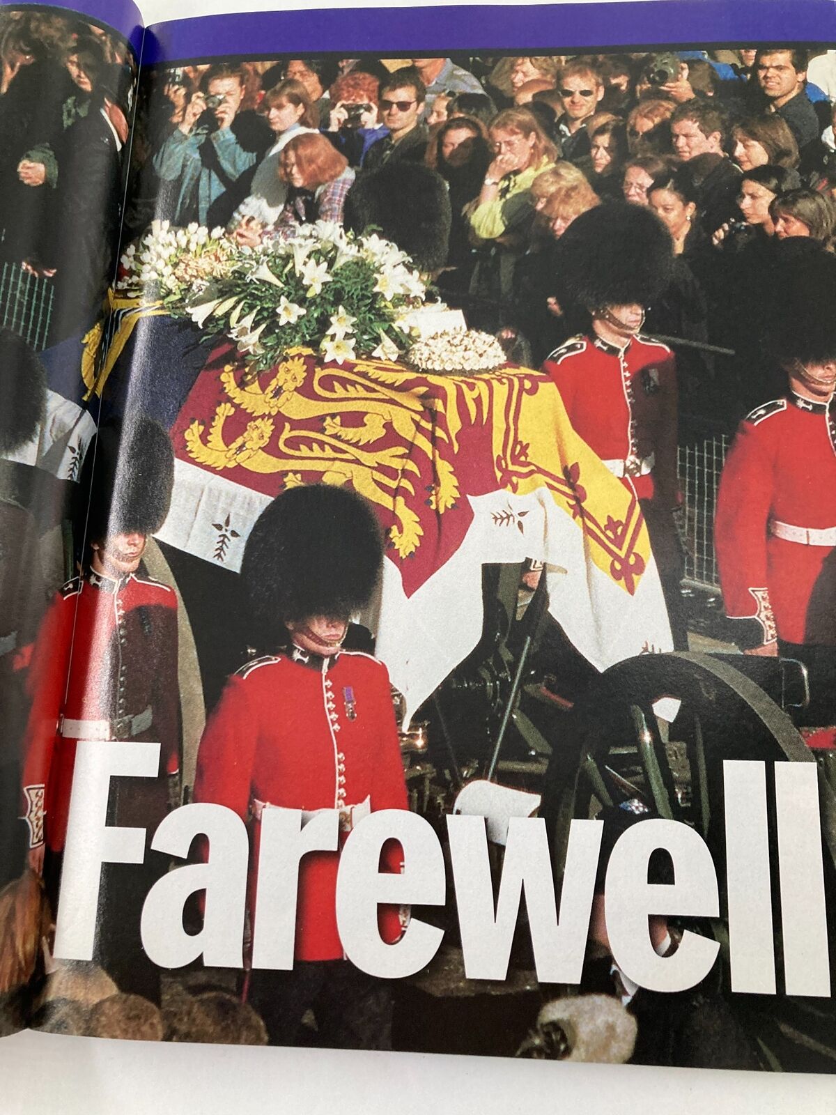 A tribute page in Time Magazine September 15 1997 with the word 'Farewell' prominently displayed over an emotional scene of Princess Diana's funeral procession.