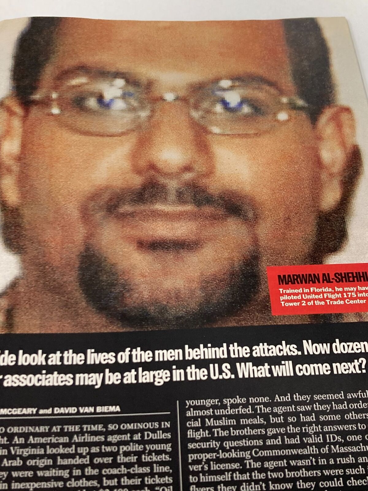 Image of Marwan Al-Shehhi, another hijacker from September 11, accompanied by an article discussing the lives of the men behind the attacks, in Time Magazine's September 24, 2001 issue titled "Out of the Ashes".