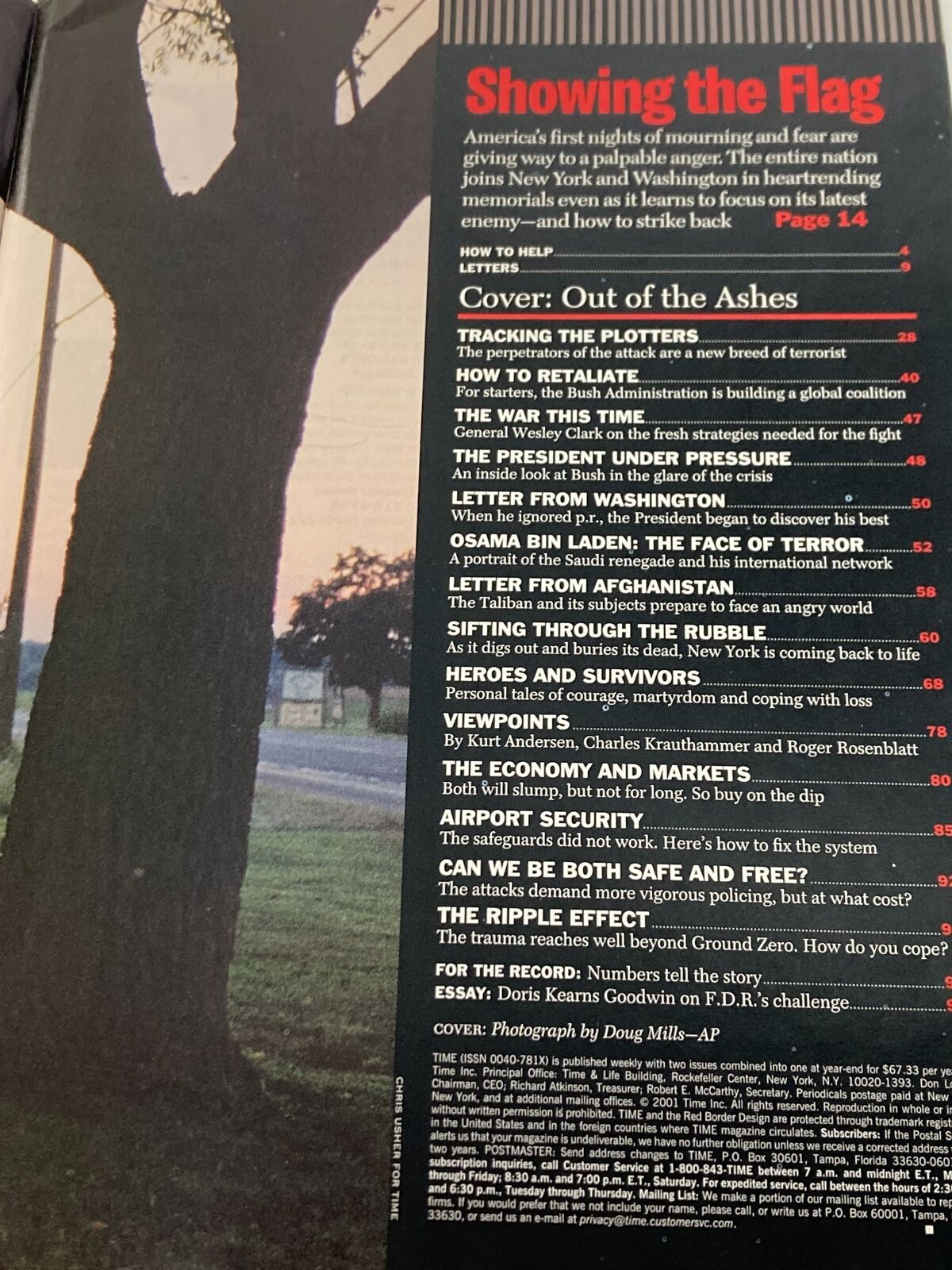Table of contents from Time Magazine September 24 2001, detailing articles related to the aftermath of 9/11.