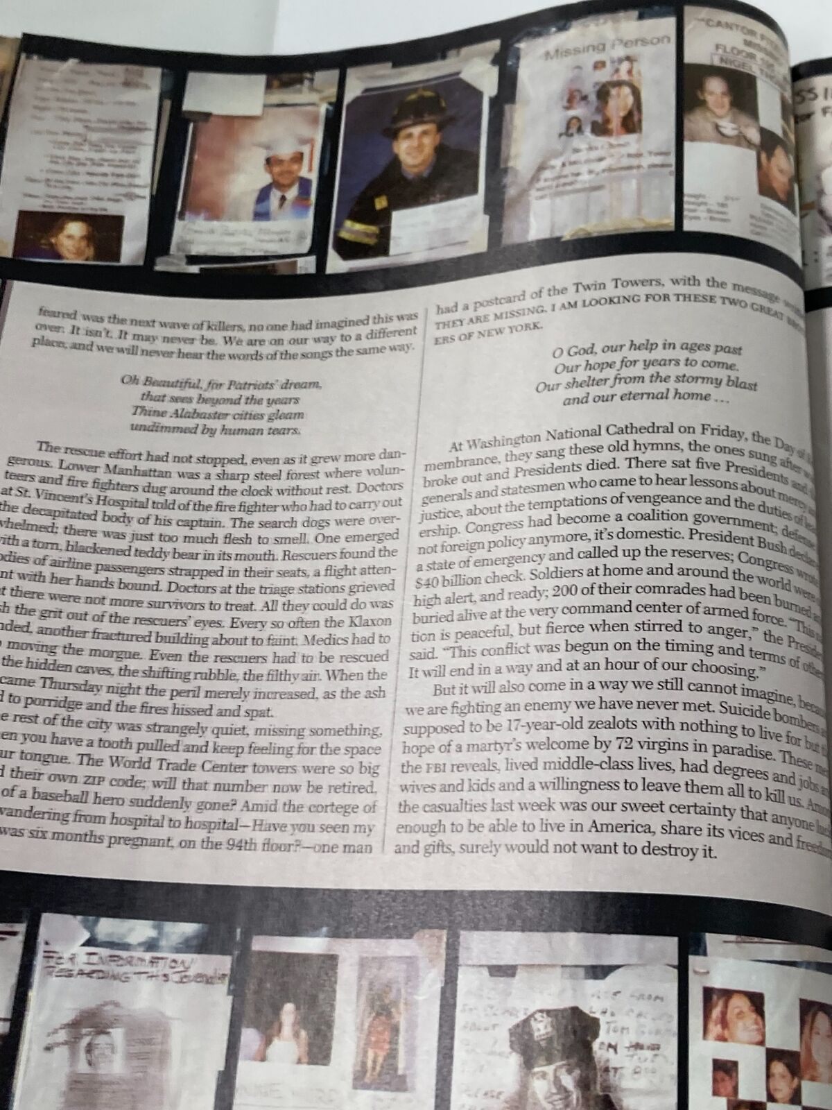 Time Magazine September 24 2001 cover detailing the aftermath of 9/11 with missing persons posters featuring heartfelt tributes and personal stories.