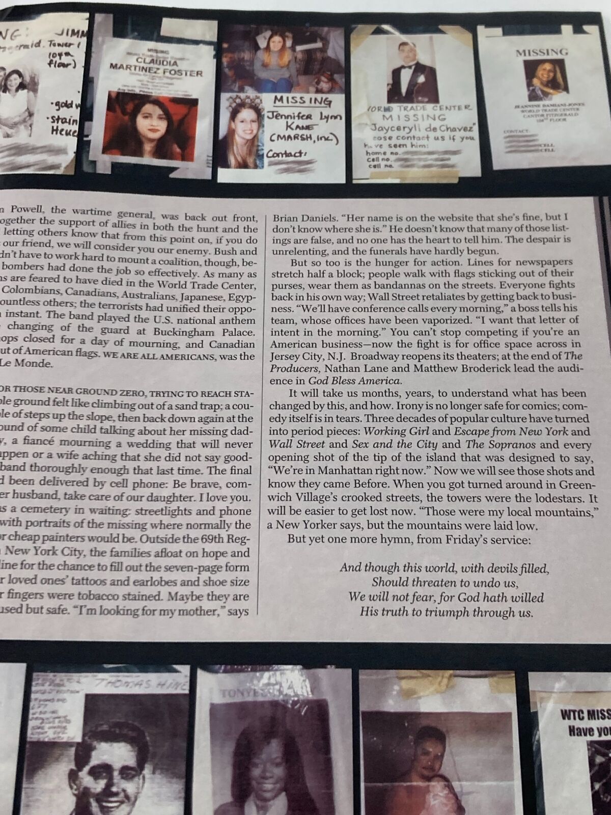 Time Magazine September 24 2001 page featuring missing persons notices related to the 9/11 tragedy, honoring those affected and their families.