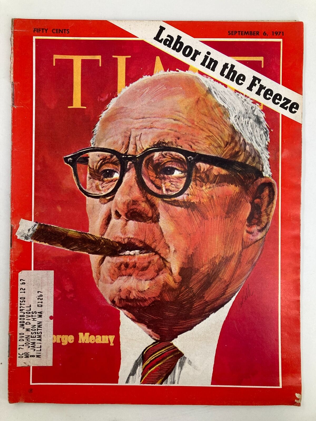 Vintage Time Magazine from September 6, 1971, featuring George Meany on the cover with the headline 'Labor in the Freeze'. This magazine captures a significant moment in labor history, illustrated with Meany's portrait and a cigar, ideal for collectors and history enthusiasts.