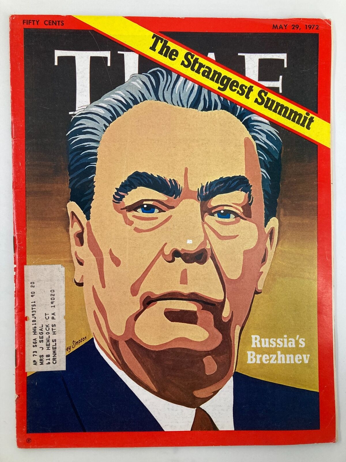 Cover of VTG Time Magazine May 29, 1972 featuring an illustration of Russia's Leonid Brezhnev with the headline 'The Strangest Summit'. This vintage magazine is a collector's item reflecting on Cold War politics.