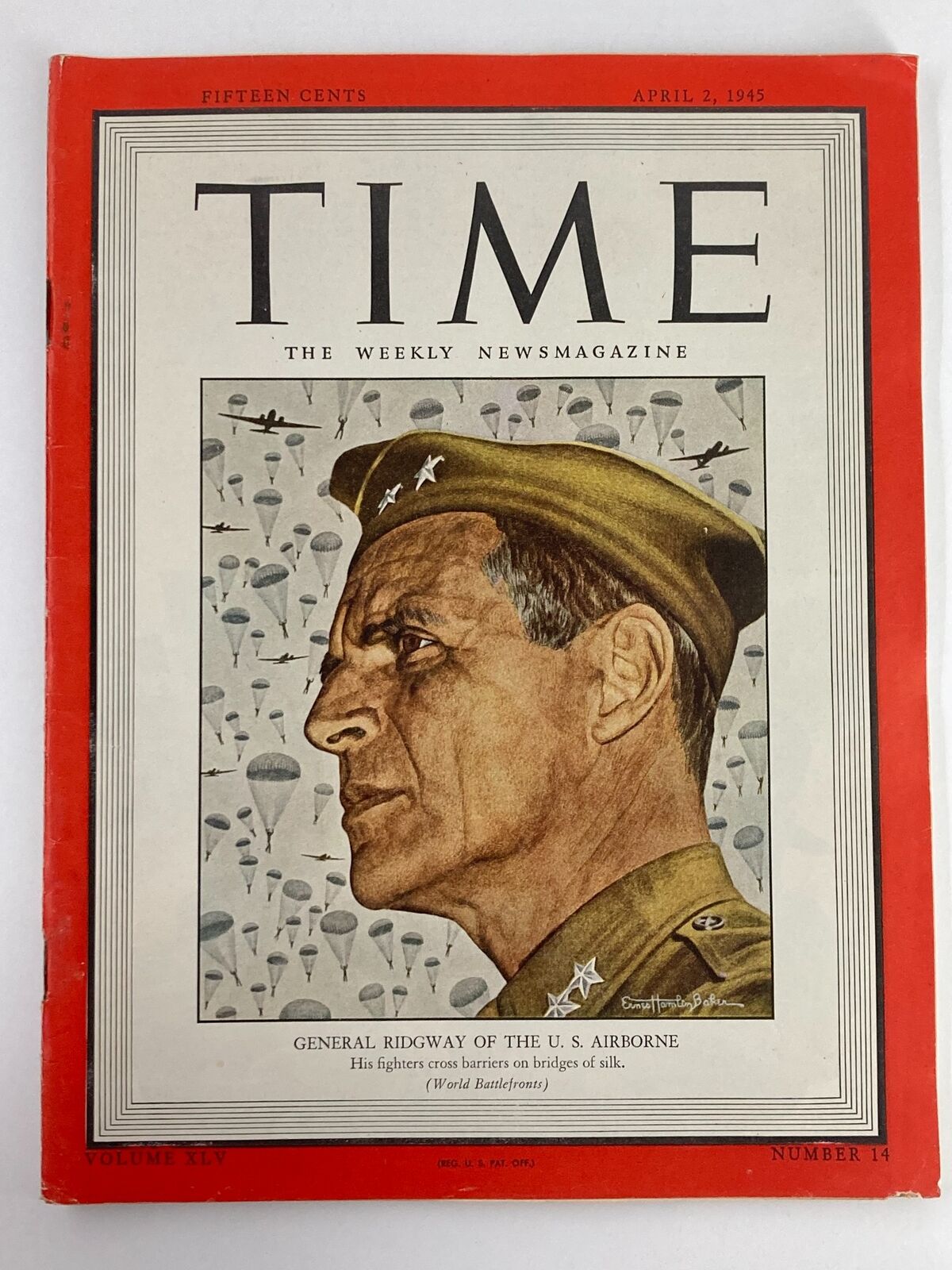 Vintage Time Magazine April 2 1945 Vol 45 #14 Gen. Ridway of The U.S. Airborne