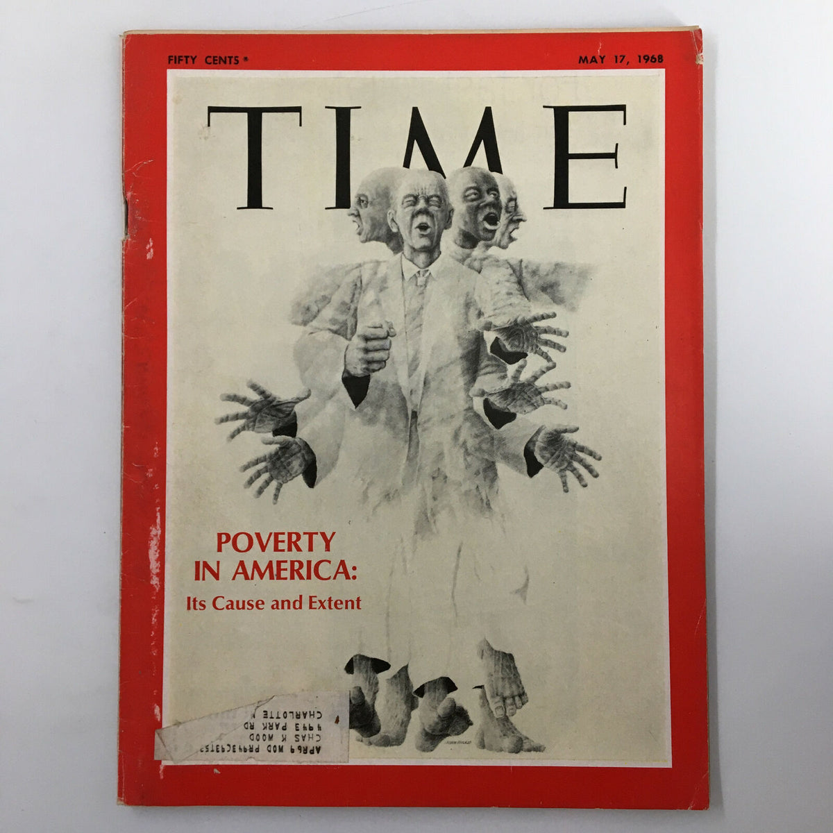 Cover of VTG Time Magazine from May 17, 1968, Volume 91, Number 20, featuring the title 'Poverty in America: Its Cause and Extent' with striking artwork representing the theme.