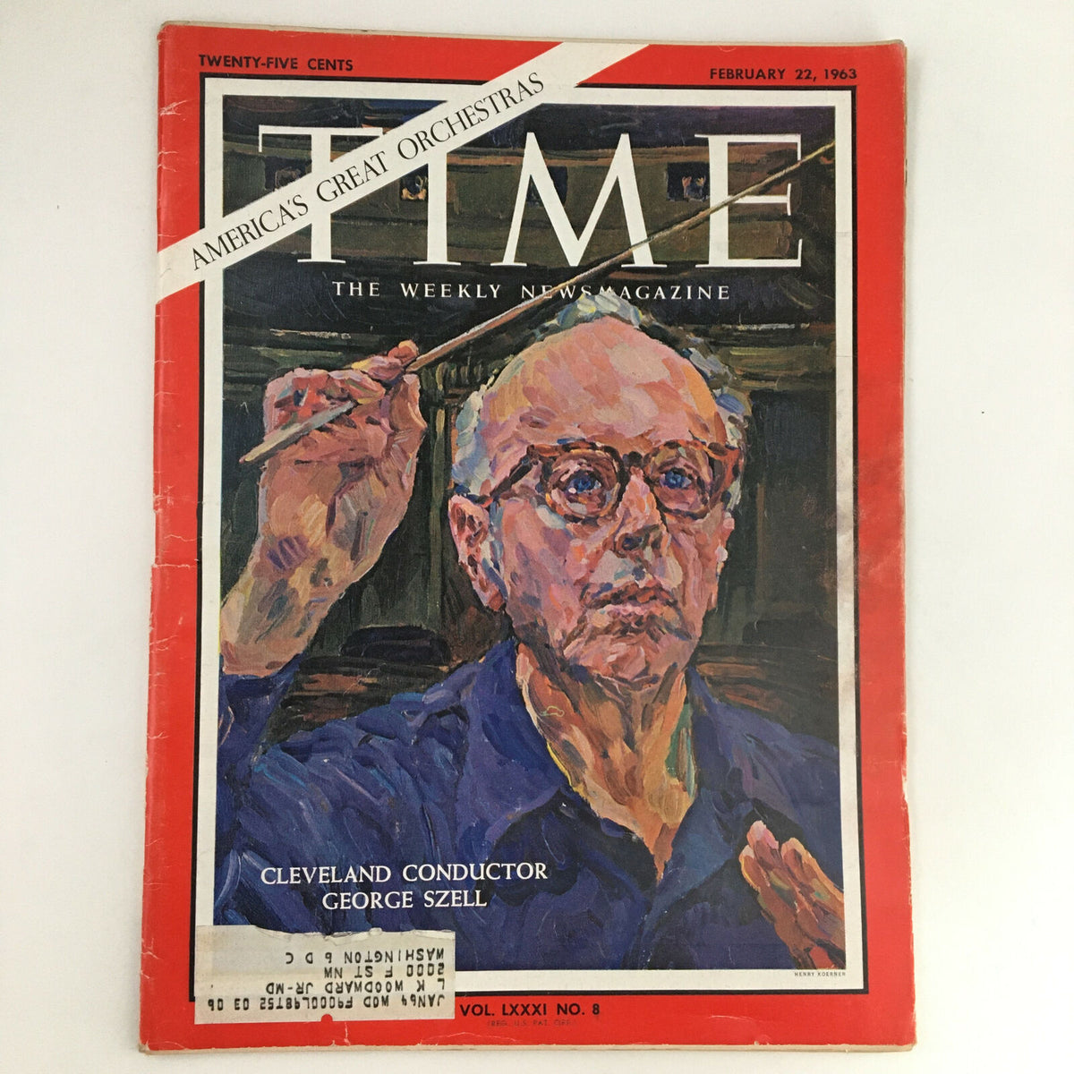 Time Magazine cover from February 22, 1963, featuring Cleveland conductor George Szell. The magazine highlights Szell's contributions to classical music and showcases vibrant artwork depicting him conducting.