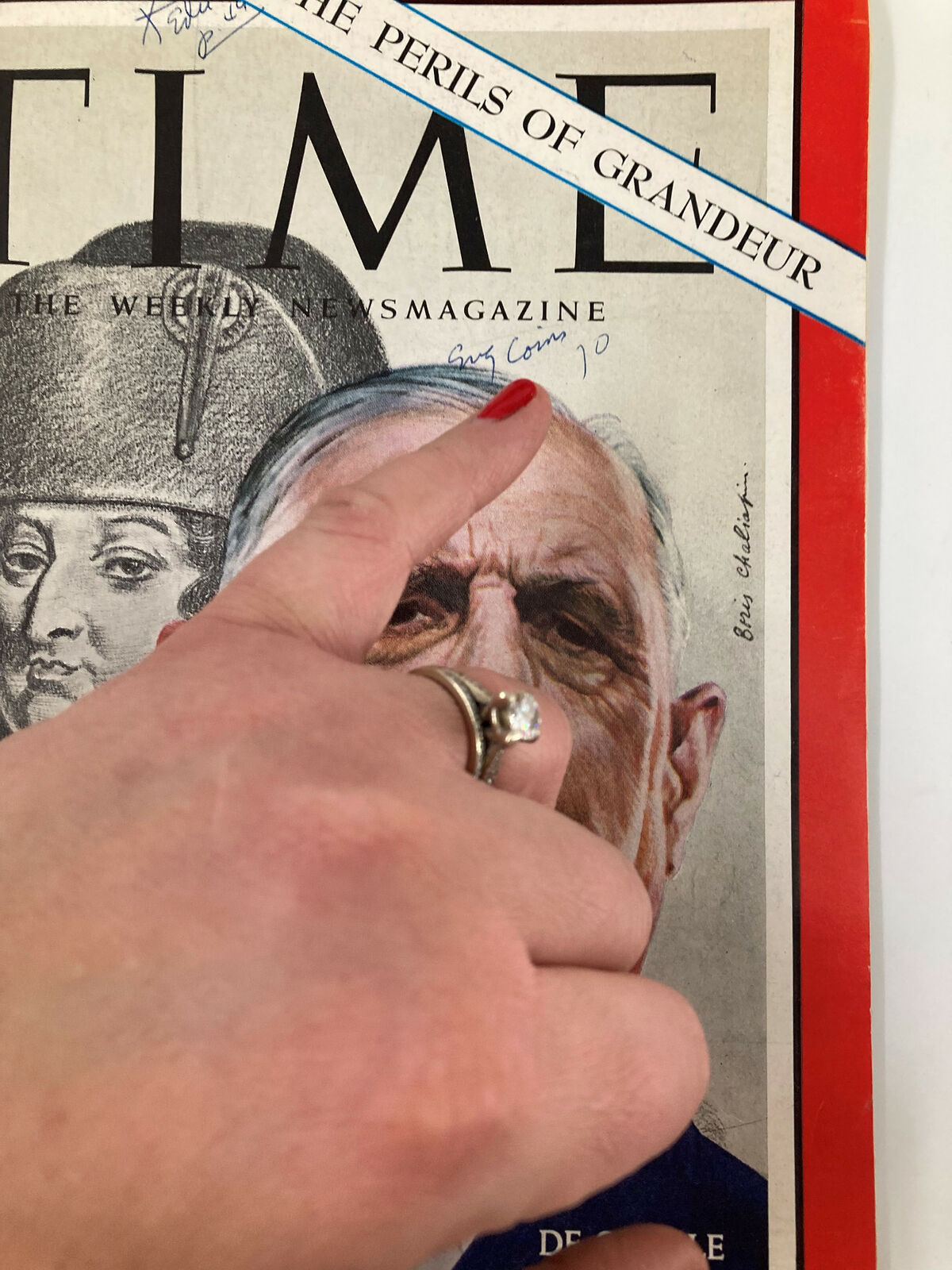 Cover of VTG Time Magazine February 8 1963 featuring Charles de Gaulle, displaying the title 'The Perils of Grandeur' with visible handwritten notes and a finger pointing to the cover.