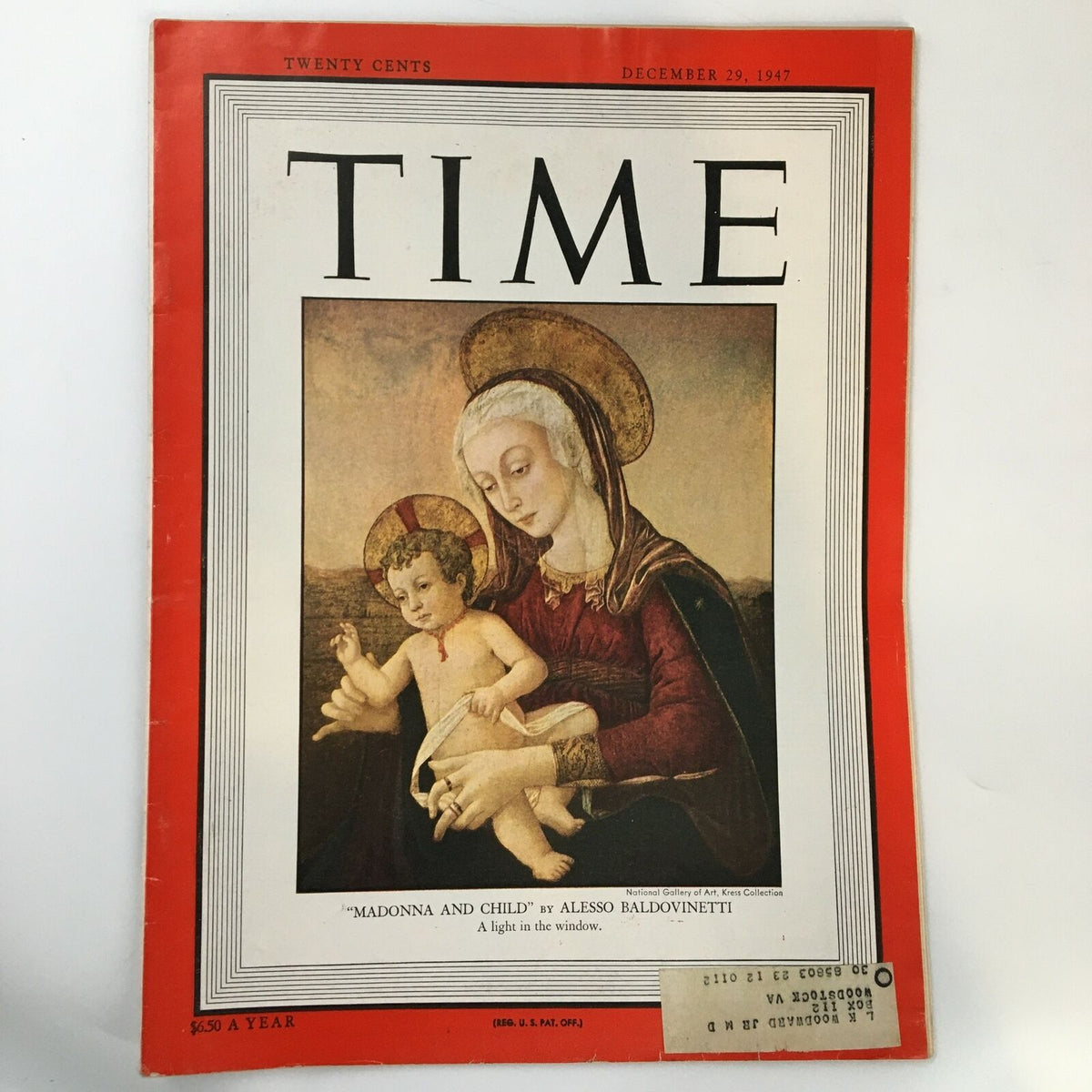 VTG Time Magazine December 29 1947 featuring the Madonna & Child artwork by Alesso Baldovinetti, showcasing Renaissance elegance on the cover.