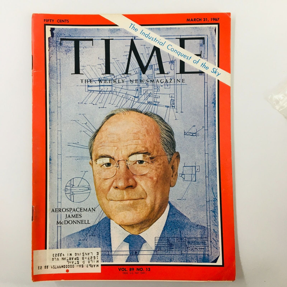 Vintage Time Magazine from March 31, 1967, Volume 89, Number 13 featuring Aerospaceman James McDonnell on the cover, showcasing historical aerospace themes.